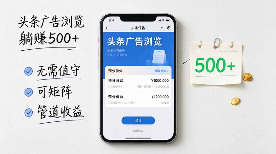 头条广告浏览躺赚500+无需值守，可矩阵并附有管道收益-副业网创