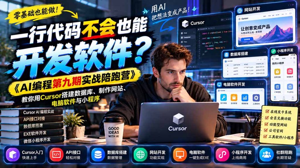 一行代码不会也能开发软件？《AI编程第九期实战陪跑营》教你用Cursor搭建数据库、制作网站、电脑软件与小程序-副业网赚