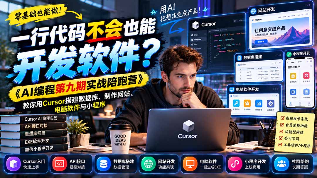 一行代码不会也能开发软件？《AI编程第九期实战陪跑营》教你用Cursor搭建数据库、制作网站、电脑软件与小程序-副业网赚