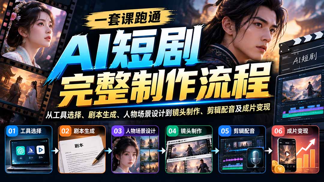 一套课跑通AI短剧完整制作流程：从工具选择、剧本生成、人物场景设计到镜头制作、剪辑配音及成片变现-副业网创
