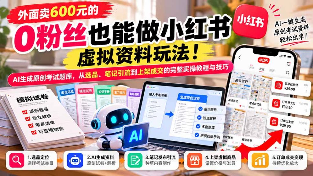 外面卖600元的 零粉丝也能做小红书虚拟资料玩法！AI生成原创考试题库，从选品、笔记引流到上架成交的完整实操教程-副业网赚