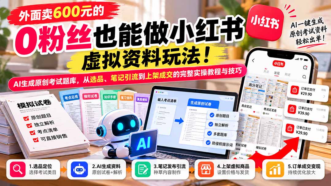 外面卖600元的 零粉丝也能做小红书虚拟资料玩法！AI生成原创考试题库，从选品、笔记引流到上架成交的完整实操教程-副业网赚