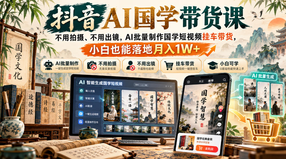抖音AI国学带货课,不用拍摄、不用出镜,AI批量制作国学短视频挂车带货,小白也能落地月入1W+-副业网赚