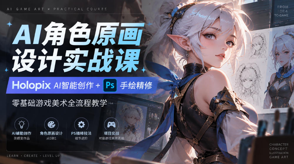 AI角色原画设计实战课｜Holopix AI智能创作+PS手绘精修，零基础游戏美术全流程教学-副业网创