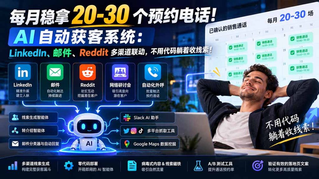 每月稳拿 20-30 个预约电话！AI 自动获客系统：LinkedIn、邮件、Reddit 多渠道联动，不用代码躺着收线索！-副业网赚