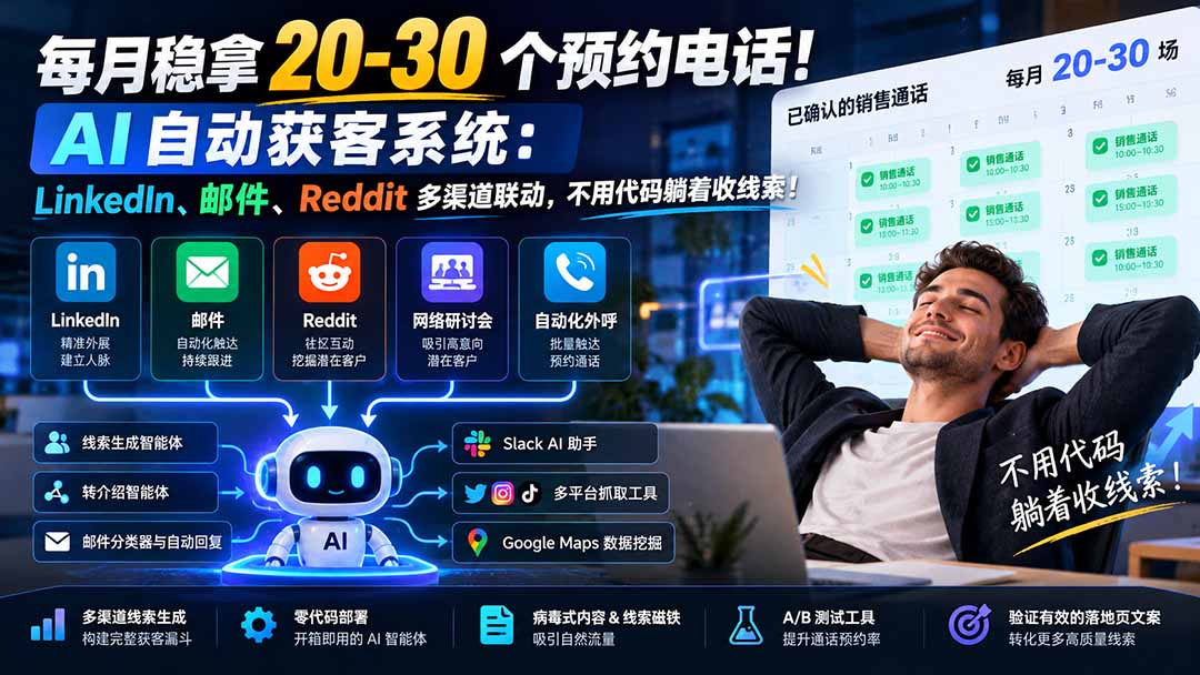 每月稳拿 20-30 个预约电话!AI 自动获客系统:LinkedIn、邮件、Reddit 多渠道联动,不用代码躺着收线索!-副业网赚