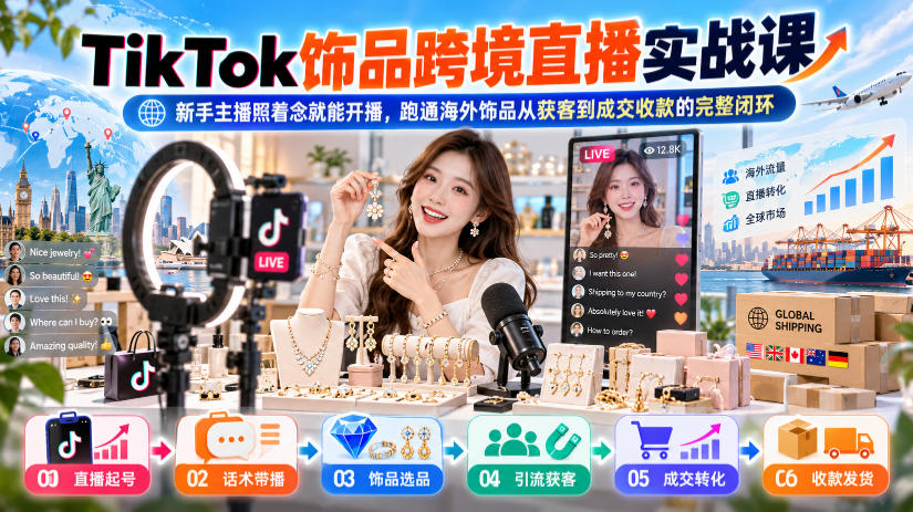 TikTok饰品跨境直播实战课，新手主播照着念就能开播，跑通海外饰品从获客到成交收款的完整闭环-副业网创