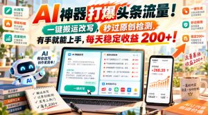 AI神器打爆头条流量，一键搬运改写，秒过原创检测，有手就能上手，每天稳定收益200+！【揭秘】-副业网赚