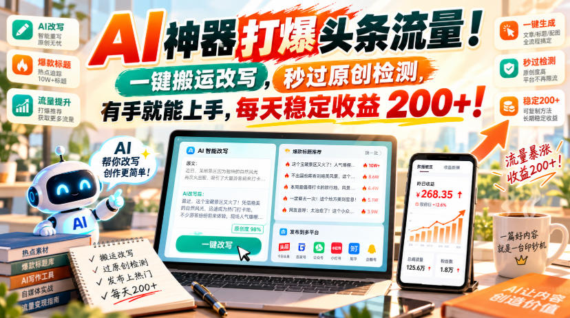 AI神器打爆头条流量，一键搬运改写，秒过原创检测，有手就能上手，每天稳定收益200+！【揭秘】-副业网赚
