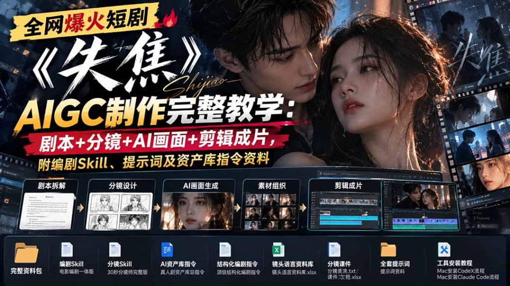 全网爆火短剧《失焦》AIGC制作完整教学：剧本+分镜+AI画面+剪辑成片，附编剧Skill、提示词及资产库指令资料-副业网创