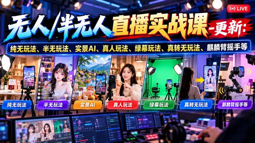 无人/半无人直播实战课-10月20更新：纯无玩法、半无玩法、实景AI、真人玩法、绿幕玩法、真转无玩法、麒麟臂摇手等-副业网赚