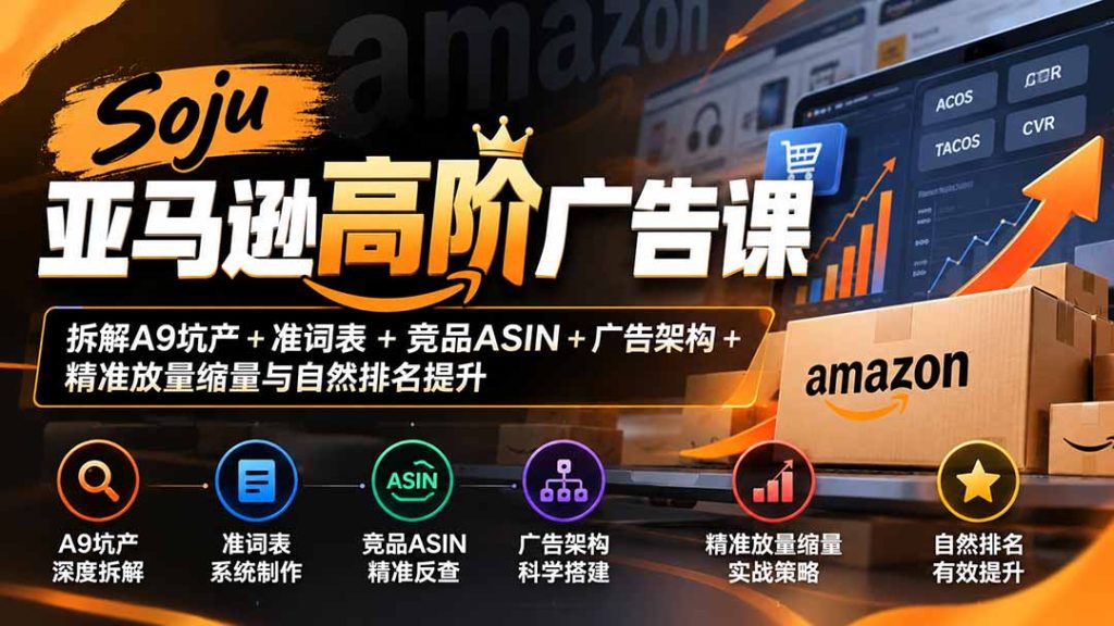 Soju亚马逊高阶广告课：拆解A9坑产+准词表+竞品ASIN+广告架构+精准放量缩量与自然排名提升-副业网创