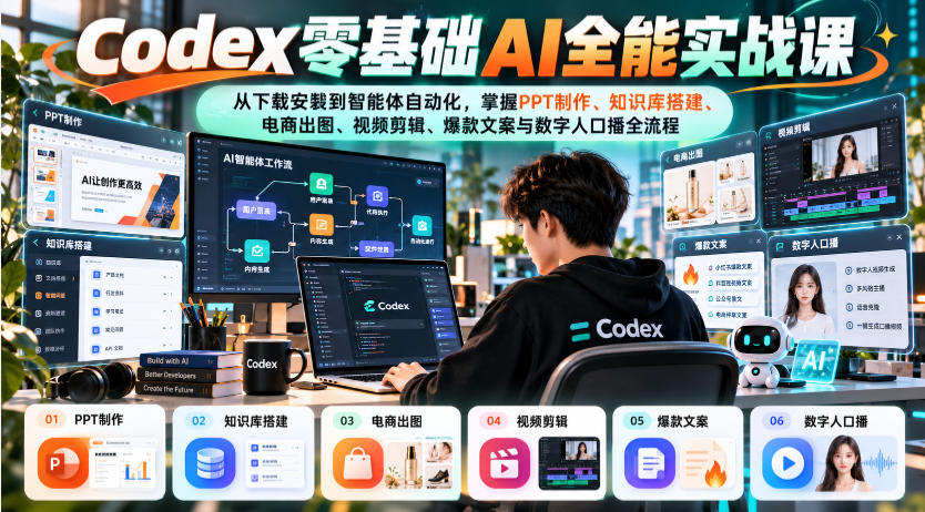 Codex零基础AI全能实战课：从下载安装到智能体自动化，掌握知识库搭建、电商出图、视频剪辑、爆款文案与数字人口播全流程-副业网创