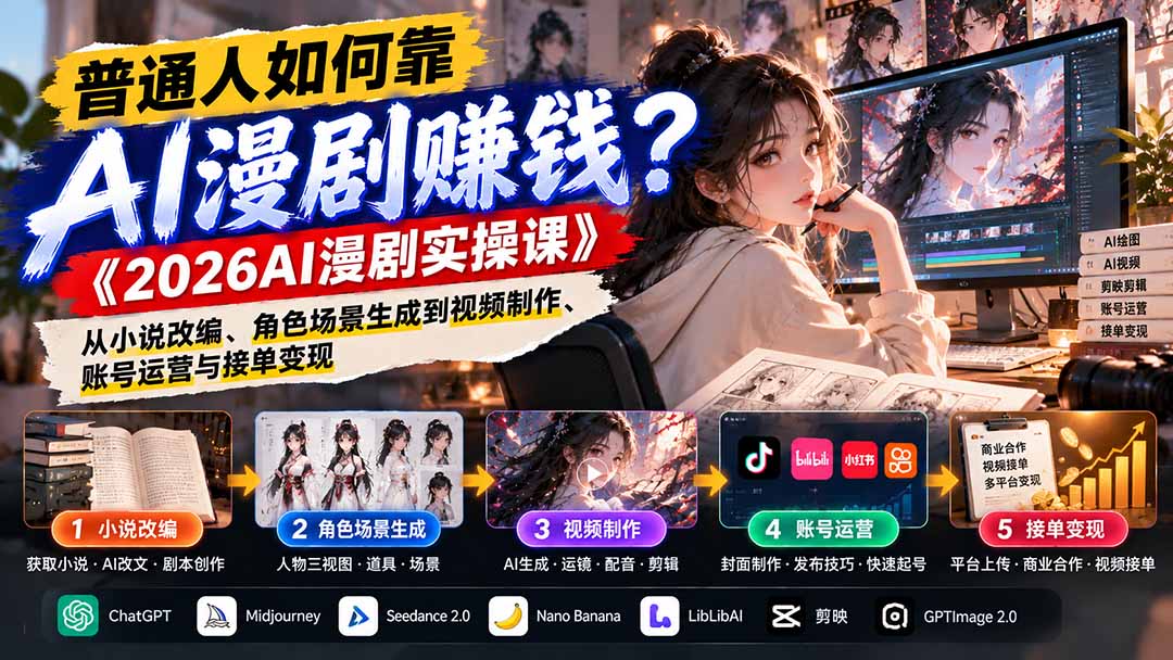 普通人如何靠AI漫剧赚钱？《2026AI漫剧实操课》从小说改编、角色场景生成到视频制作、账号运营与接单变现-副业网赚