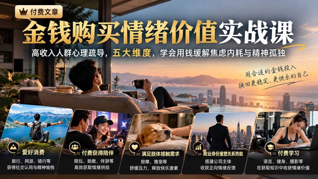 付费文章：金钱购买情绪价值实战课｜高收入人群心理疏导，五大维度，学会用钱缓解焦虑内耗与精神孤独-副业网创