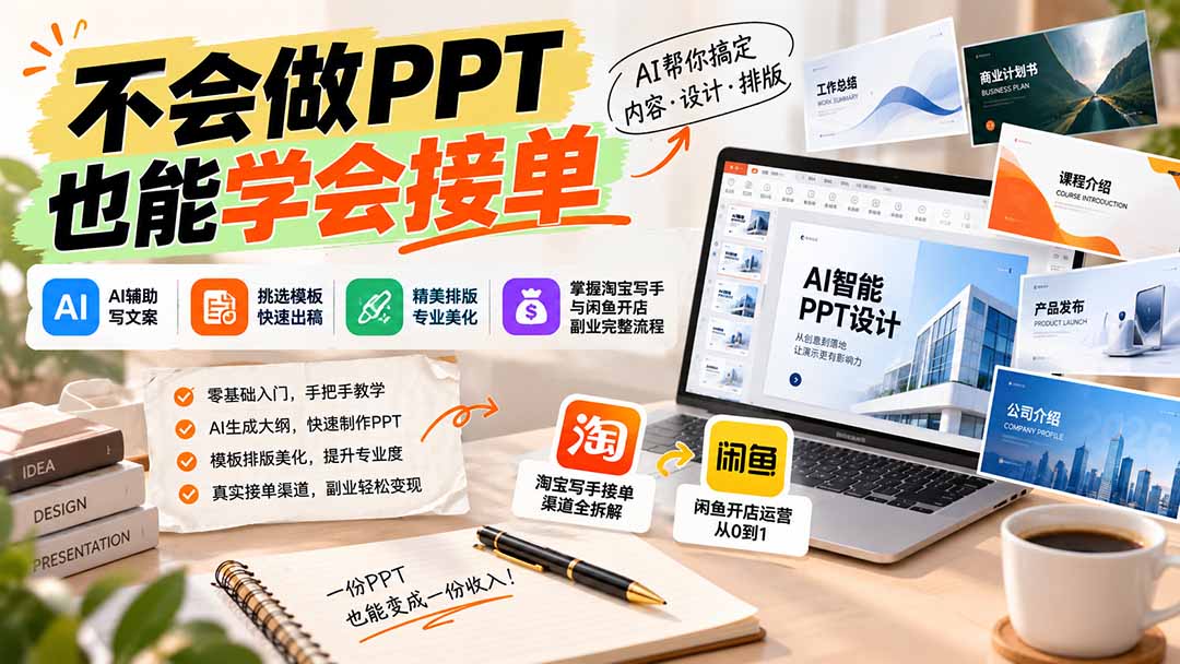 不会做PPT也能学会接单：AI辅助写文案、挑模板、做排版，掌握淘宝写手与闲鱼开店副业完整流程-副业网创