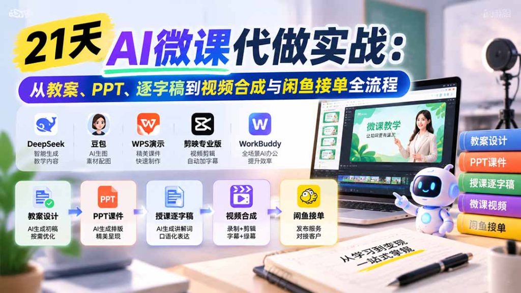 21天AI微课代做实战：从教案、PPT、逐字稿到视频合成与闲鱼接单全流程-副业网赚
