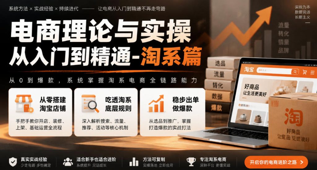 电商理论与实操从入门到精通-淘系篇，从零搭建淘宝店铺，吃透淘系底层规则，稳步出单做爆款-副业网赚