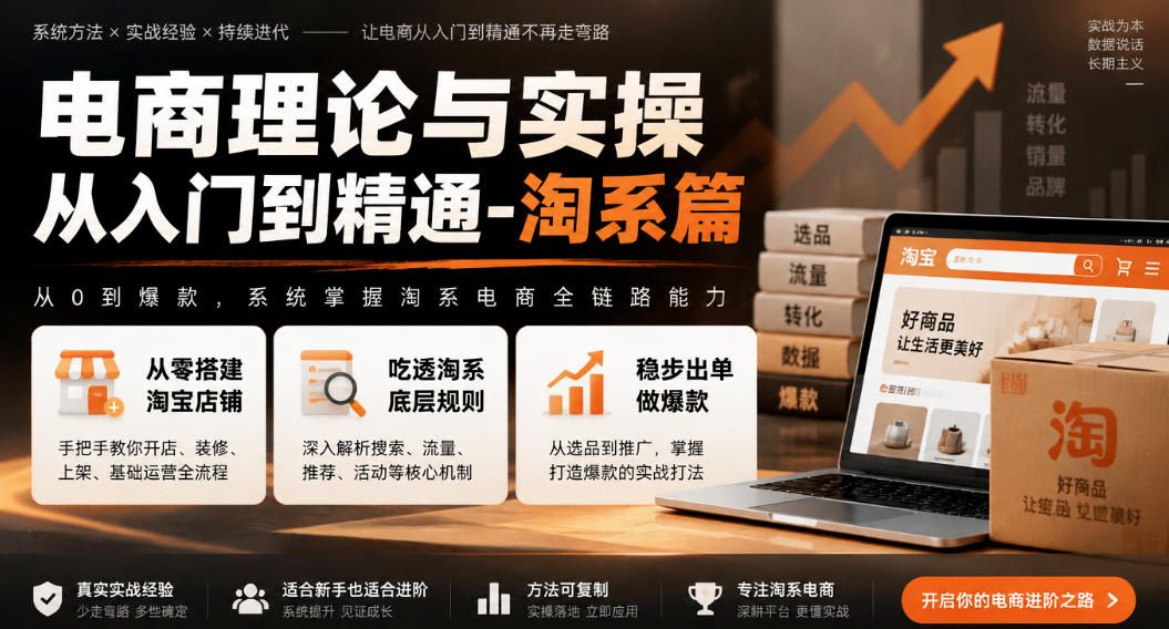 电商理论与实操从入门到精通-淘系篇，从零搭建淘宝店铺，吃透淘系底层规则，稳步出单做爆款-副业网赚
