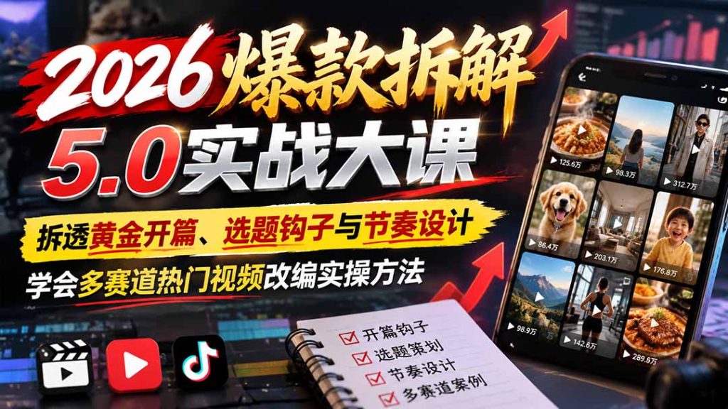 2026爆款拆解5.0实战大课：拆透黄金开篇、选题钩子与节奏设计，学会多赛道热门视频改编实操方法-副业网赚