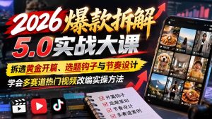 2026爆款拆解5.0实战大课：拆透黄金开篇、选题钩子与节奏设计，学会多赛道热门视频改编实操方法-副业网赚