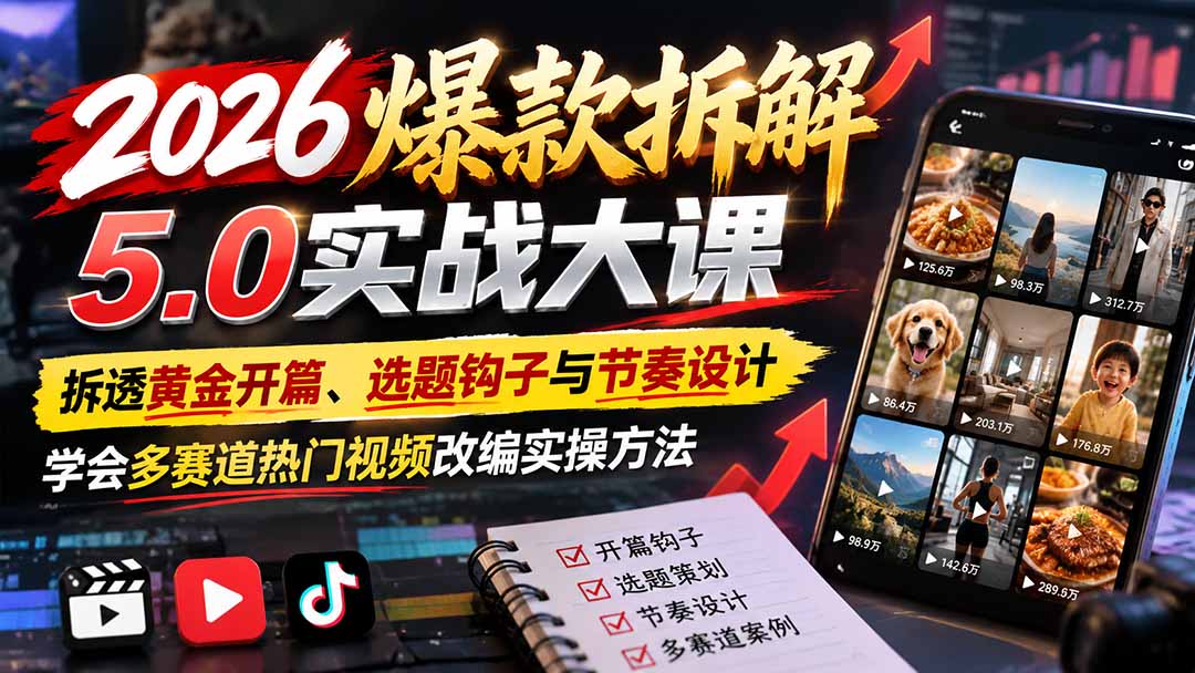 2026爆款拆解5.0实战大课：拆透黄金开篇、选题钩子与节奏设计，学会多赛道热门视频改编实操方法-副业网赚