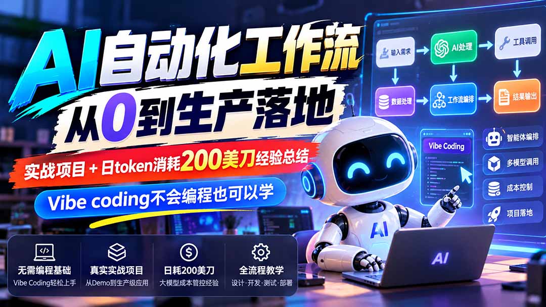 【无水印】AI自动化工作流从0到生产落地，实战项目+日token消耗200美刀经验总结，Vibe coding不会编程也可以学-副业网创