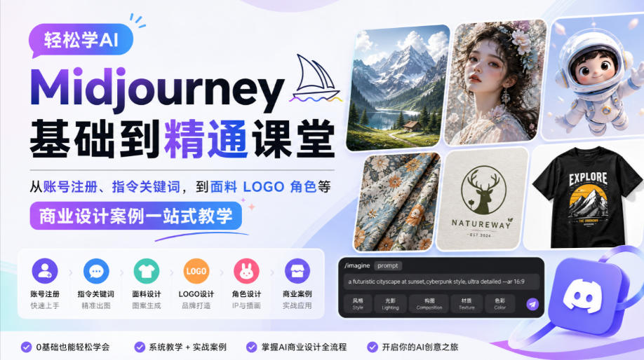 轻松学AI Midjourney基础到精通课堂，从账号注册、指令关键词，到面料LOGO角色等商业设计案例一站式教学-副业网创