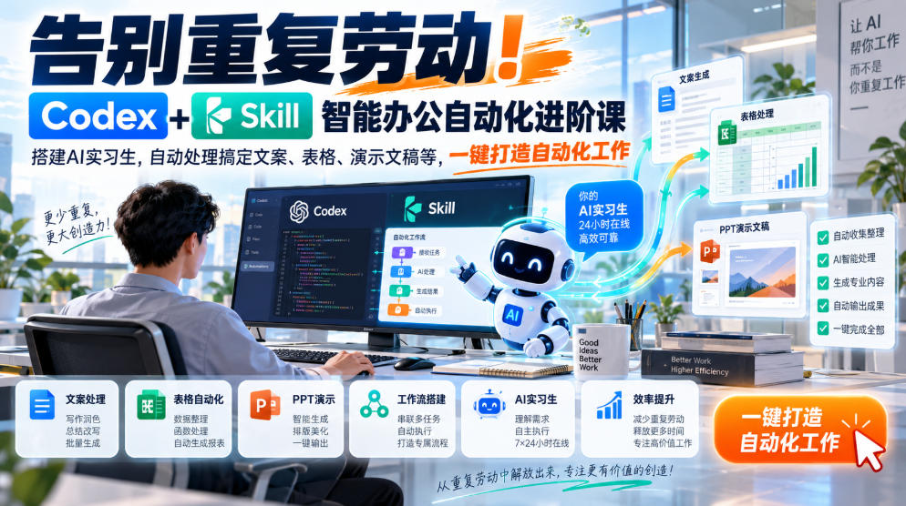 告别重复劳动！Codex+Skill智能办公自动化进阶课｜搭建AI实习生，自动处理搞定文案、表格、演示文稿等，一键打造自动化工作-副业网创