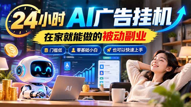 24小时AI广告挂机｜在家就能做的被动副业，门槛低，零基础小白也可以快速上手-副业网赚