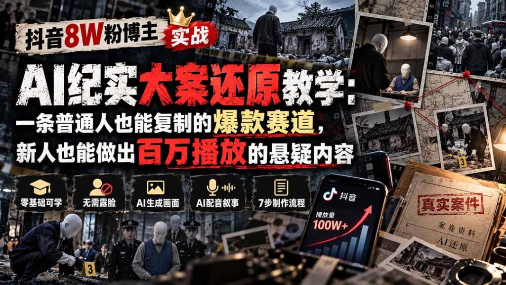 抖音8W粉博主AI纪实大案还原教学:一条普通人也能复制的爆款赛道,新人也能做出百万播放的悬疑内容-副业网创
