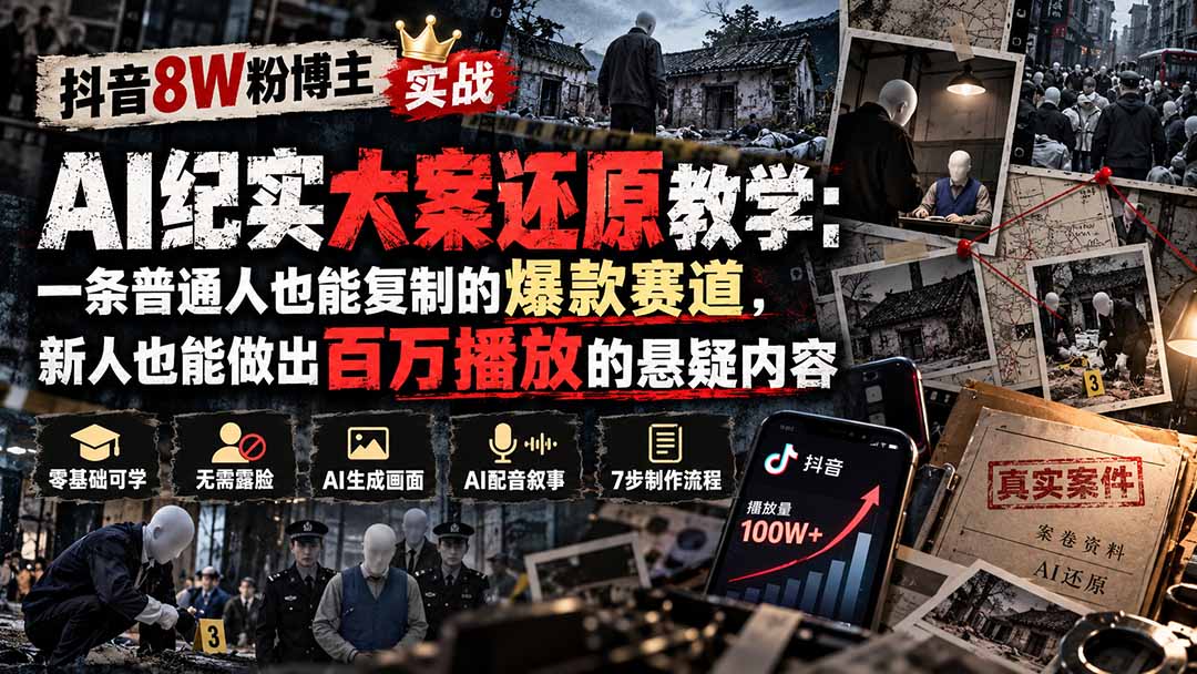 抖音8W粉博主AI纪实大案还原教学:一条普通人也能复制的爆款赛道,新人也能做出百万播放的悬疑内容-副业网创