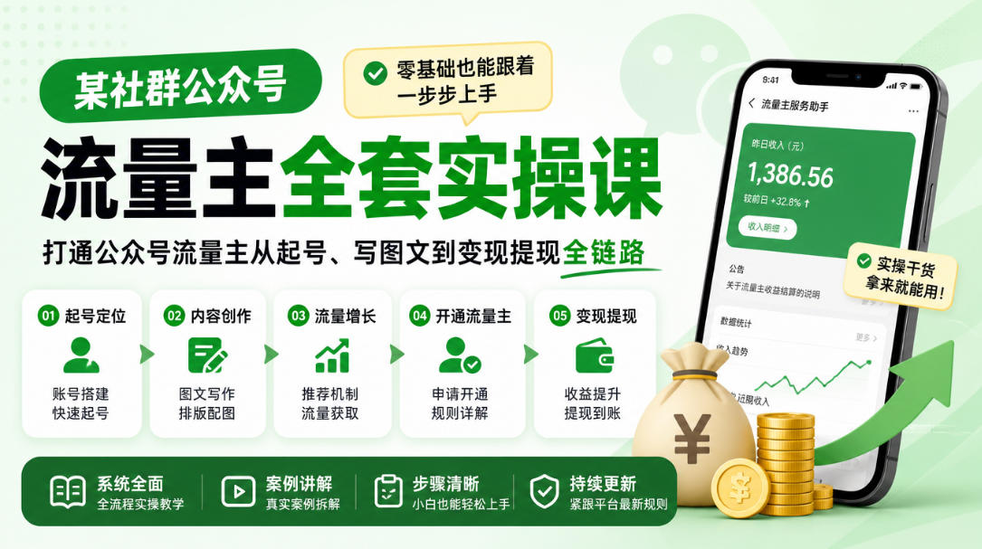 某社群公众号流量主全套实操课,零基础也能跟着一步步上手,打通公众号流量主从起号、写图文到变现提现全链路-副业网创
