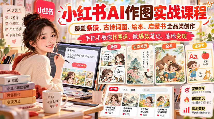 小红书AI作图实战课程，覆盖条漫、古诗词图、绘本、启蒙书全品类创作，手把手教你找赛道、做爆款笔记、落地变现(更新1017)-副业网创