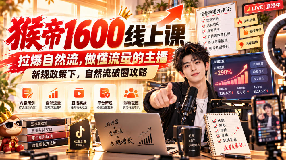 猴帝1600线上课，拉爆自然流，做懂流量的主播，新规政策下，自然流破圈攻略【更新261017】-副业网创