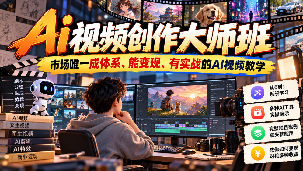 Ai视频创作大师班，市场唯一成体系、能变现、有实战的AI视频教学(更新2026)-副业网赚