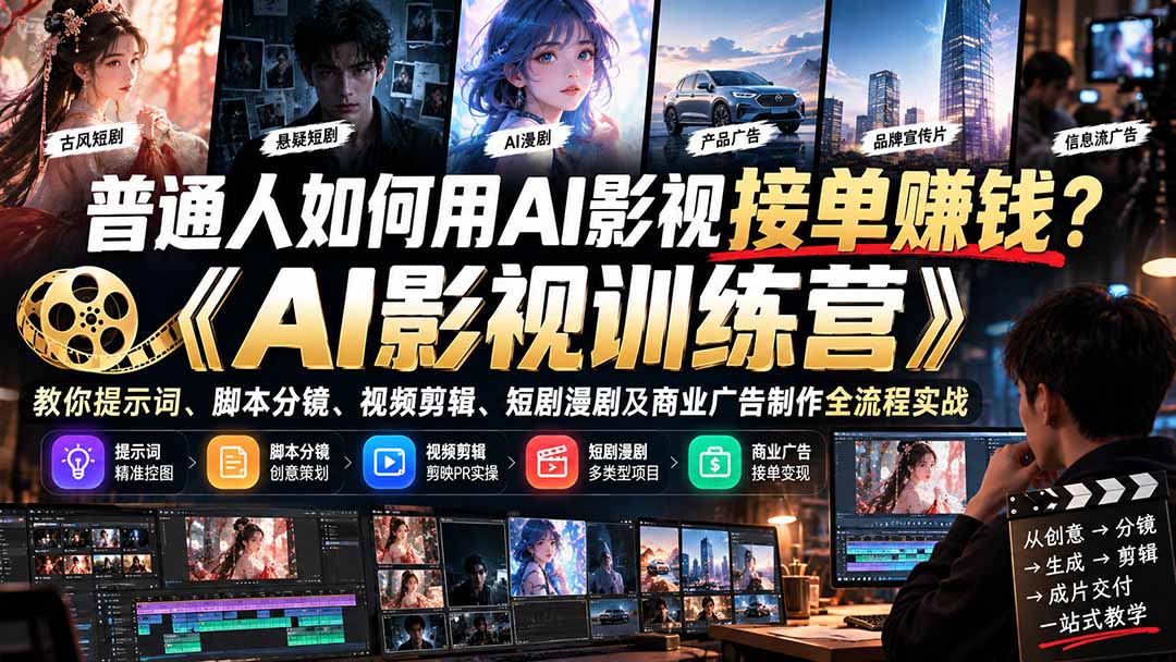 普通人如何用AI影视接单赚钱？《AI影视训练营》教你提示词、脚本分镜、视频剪辑、短剧漫剧及商业广告制作全流程实战-副业网赚