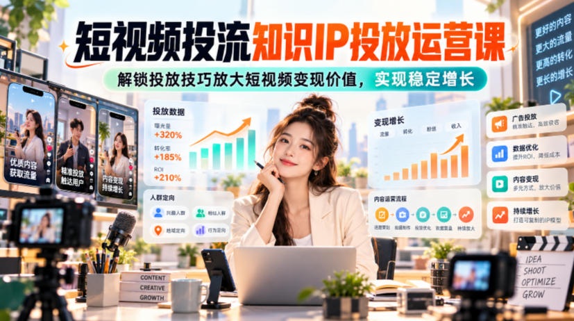 短视频投流知识IP投放运营课,解锁投放技巧放大短视频变现价值,实现稳定增长-副业网创