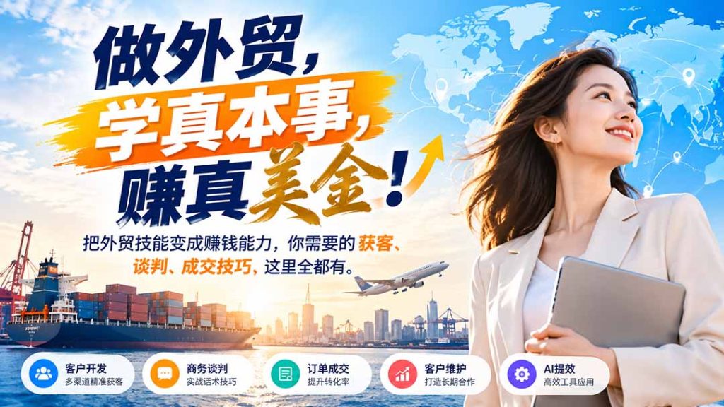 做外贸，学真本事，赚真美金！把外贸技能变成赚钱能力，你需要的获客、谈判、成交技巧，这里全都有-副业网赚