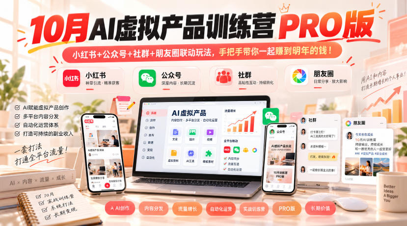 10月AI虚拟产品训练营PRO版，小红书+公众号+社群+朋友圈联动玩法，手把手带你一起赚到明年的钱！-副业网赚