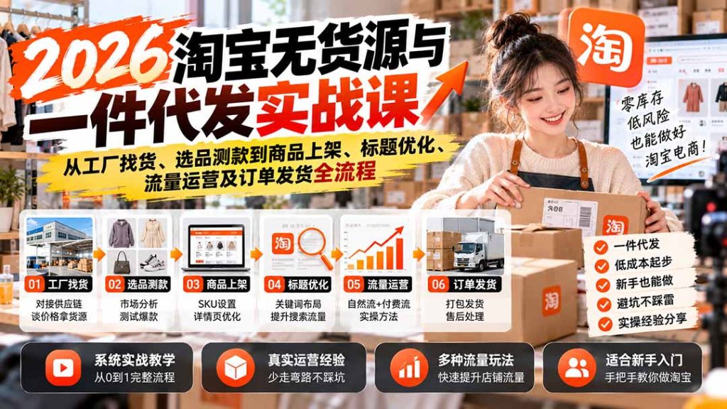 2026淘宝无货源与一件代发实战课：从工厂找货、选品测款到商品上架、标题优化、流量运营及订单发货全流程-副业网创