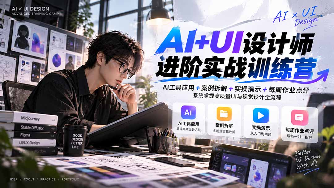 【无水印】AI+UI设计师进阶训练营-第4期：AI工具应用+案例拆解+实操演示+作业点评，掌握高质量UI与视觉设计全流程-副业网创