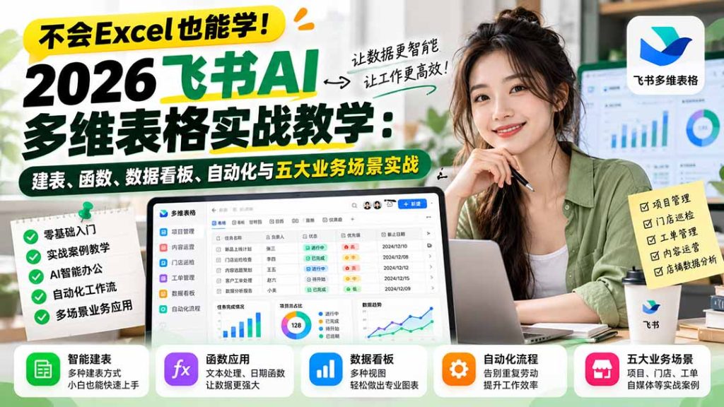 不会Excel也能学！2026飞书AI多维表格实战教学：建表、函数、数据看板、自动化与五大业务场景实战-副业网赚