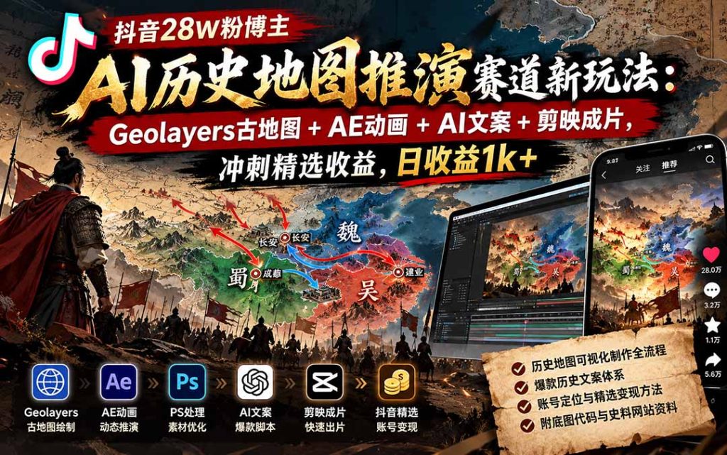 抖音28W粉博主AI历史地图推演赛道新玩法：Geolayers古地图+AE动画+AI文案+剪映成片，冲刺精选收益，日收益1k+-副业网创