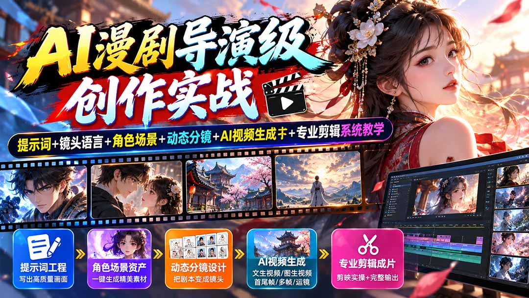 AI漫剧导演级创作实战：提示词+镜头语言+角色场景+动态分镜+AI视频生成+专业剪辑系统教学-副业网创