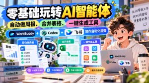【无水印】零基础玩转AI智能体，自动做周报、合并表格、一键生成工具，WorkBuddy+Codex + 飞书协作自动化提效-副业网赚