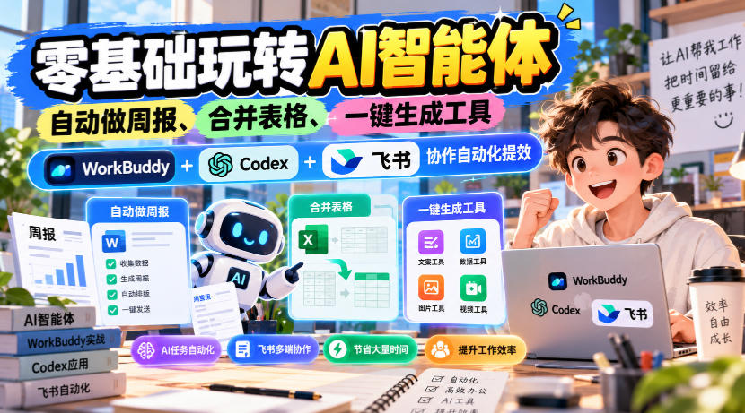 【无水印】零基础玩转AI智能体，自动做周报、合并表格、一键生成工具，WorkBuddy+Codex + 飞书协作自动化提效-副业网赚