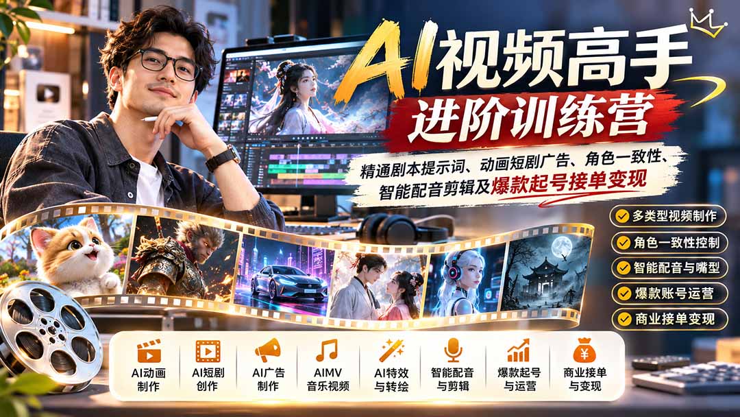 AI视频高手进阶训练营：精通剧本提示词、动画短剧广告、角色一致性、智能配音剪辑及爆款起号接单变现-副业网赚