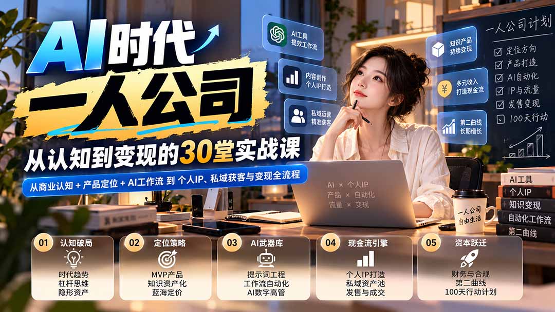 【无水印】AI时代一人公司30堂实战课：从商业认知+产品定位+AI工作流到个人IP、私域获客与变现全流程-副业网创