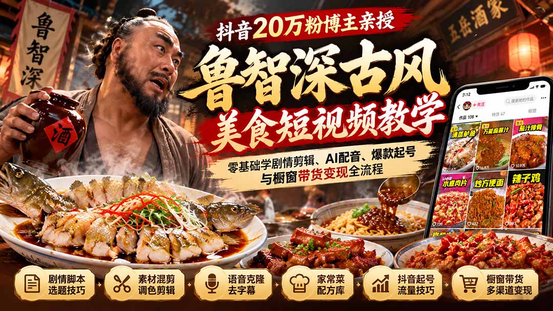抖音20万粉博主亲授鲁智深古风美食玩法：零基础学剧情剪辑、AI配音、爆款起号与橱窗带货变现全流程-副业网赚
